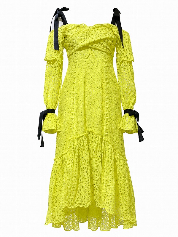 【新品DRESS 4325】パンチングレースバイカラーリボンオフショルミモレ丈フレアミディアムドレス イエロー【asos】